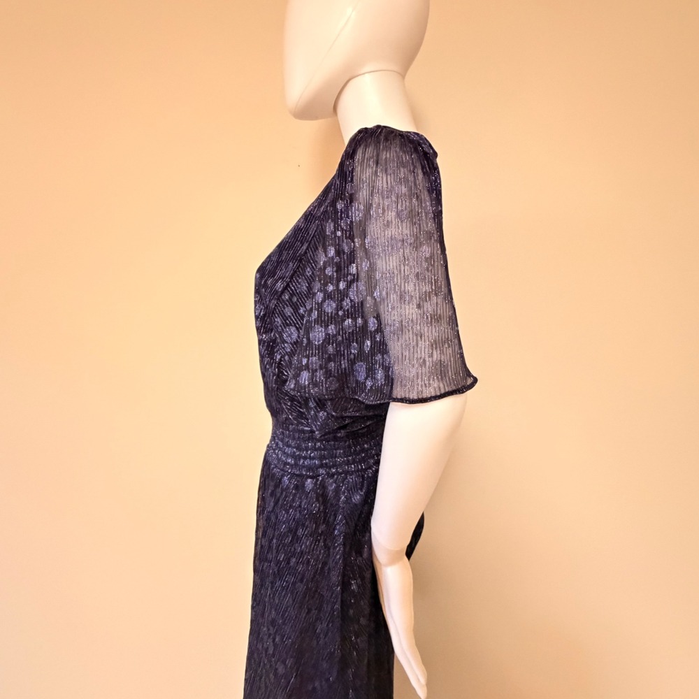 MSK Womens Navy Blue Metallic Pleated Maxi Dress V-Neck Smocked Waist Size L - Picture 2 of 8
